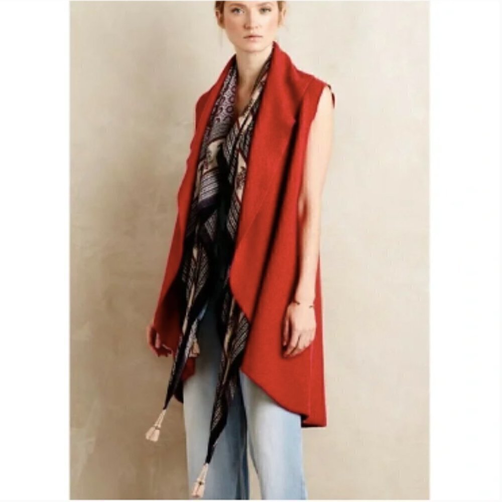 Anthropologie Moth Museum District Boiled Wool Open Front Vest in Rust Red, XS/S